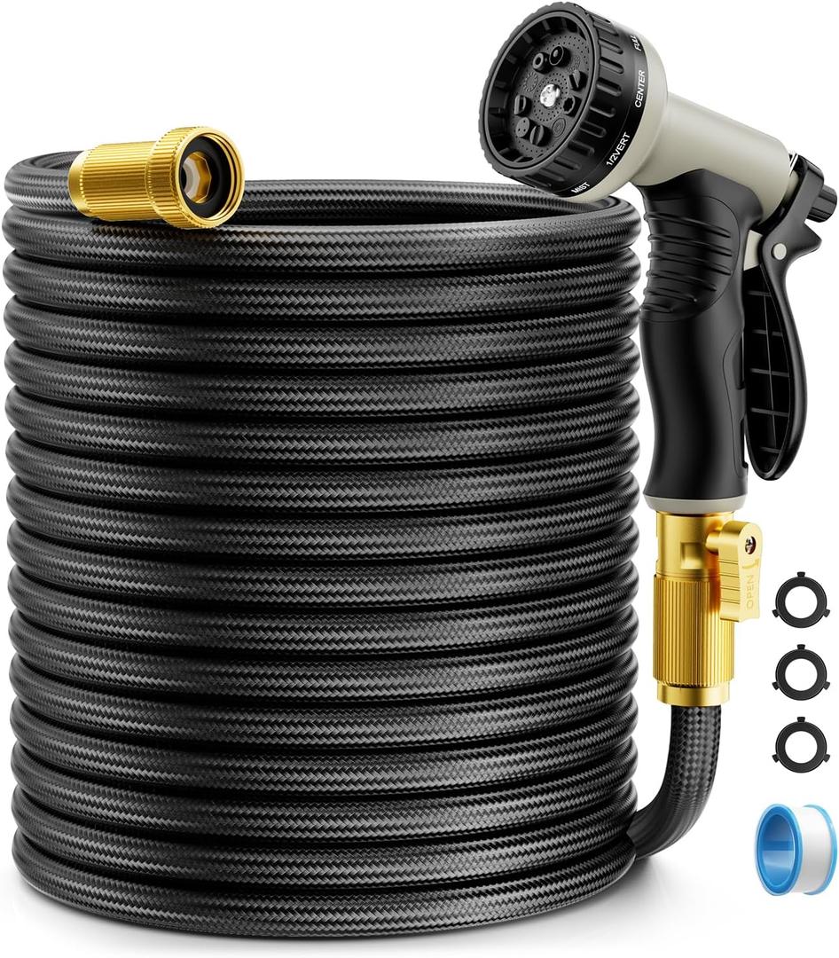 Garden Hose Non-Expandable 100ft, Outdoor and Garden Flexible Water Hose with 10 Function Nozzles, Portable, Kink-Free, Rust Proof, Lightweight Hose for Yard, Car Wash, Lawn, Camper, Easy to Store