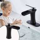 Wovier Matte Black Waterfall Bathroom Sink Faucet, Single Handle Single Hole Brass Lavatory Vanity Faucet, Basin Mixer Tap with Supply Hose and Pop Up Drain Assembly (Short Body)