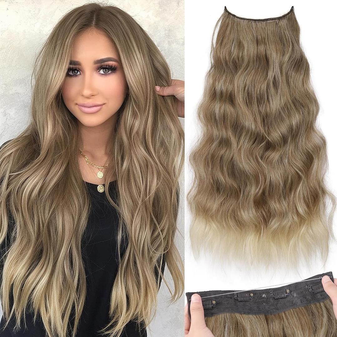 KooKaStyle Invisible Wire Hair Extensions with Transparent Wire Adjustable Size 4 Secure Clips Long Wavy Secret Synthetic Hairpiece for Women(24 Inch 10T613#Ash Brown mix Bleach Blonde)