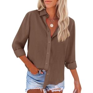 siliteelon Womens Oxford Button Down Shirt Long Sleeve Cotton Dress Shirt Collared Blouse Business Casual Work Tops (Small, Brown)