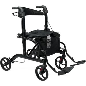 Medline Walker Transport Wheelchair Combo, Rollator Walker for Seniors with Seat, Foldable Transport Chair with Footrests, 18" Wide Seat, Black