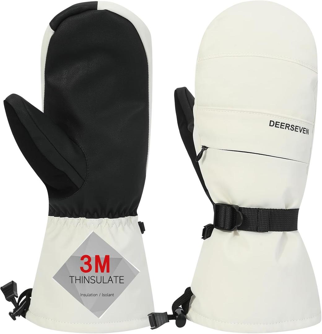 Winter Ski Mittens Men & Women Snow Warm Insulated Waterproof Windproof for Cold Weather and Snowboarding with Zipper Pocket (Medium, White)