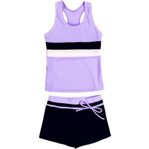 Little Girls' Summer Swimwear Two Piece Boyshort Tankini Kids Swimsuit (14-15 Years, Purple)