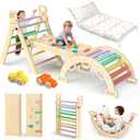 BlueWood Pikler Triangle Set with Cushion - Climbing Toys for Toddlers 9-in-1, Montessori Philosophy Play Jungle Gym with Arch, Ramp, Ladder (Rainbow)