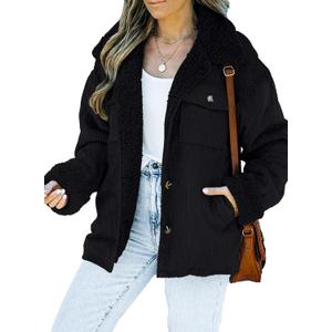 Dokotoo Corduroy Sherpa Jacket for Women Button Down Fleece Fur Collar Winter Warm Coat (Small)