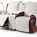 KinCam 100% Waterproof Recliner Loveseat Cover with Console, Non-Slip Reclining Couch Covers for 2 Seat, Recliner Sofa Cover Furniture Protector with Elastic Straps for Kids, Pets, Beige White, 22"D x 70"W x 40"H