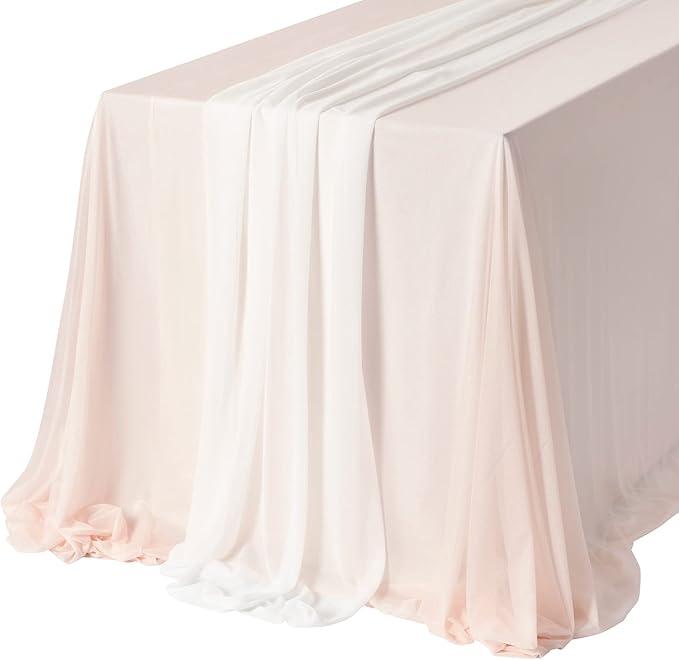 Ling's Moment Sheer Chiffon Tablecloth & Runner Set for 3x4ft Rectangle Table Decor Table Cloth in Blush & White for Wedding Reception Head/Sweetheart Desk (Blush & White) 