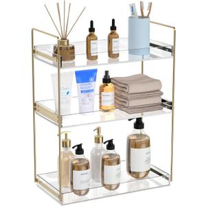 Bathroom Countertop Organizer, 3 Tier Acrylic Tray Vanity Counter Skincare Organizer Shelf, Kitchen Under Sink Standing Rack, Home Storage Holder for Lotion Makeup Cosmetics Perfume Spice, Gold | Vanity Counter, Kitchen Under Sink, Home Storage Holder, for Lotion, Makeup, Cosmetics