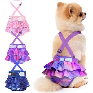 Idepet Female Dog Diapers with Suspender Detachable, 3 Pack Tie Dye Washable Reusable Girl Doggie Diapers Skirts for Small Medium Female Dog in Heat Period Cycle Urinary Incontinence Training, Small
