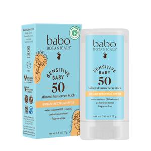 BABO Botanicals Sensitive Baby Mineral Sunscreen Stick SPF 50-70% Organic Ingredients - Zinc Oxide - NSF & Made Safe Certified - EWG Verified - Water Resistant - Fragrance-Free - for Babies & Kids