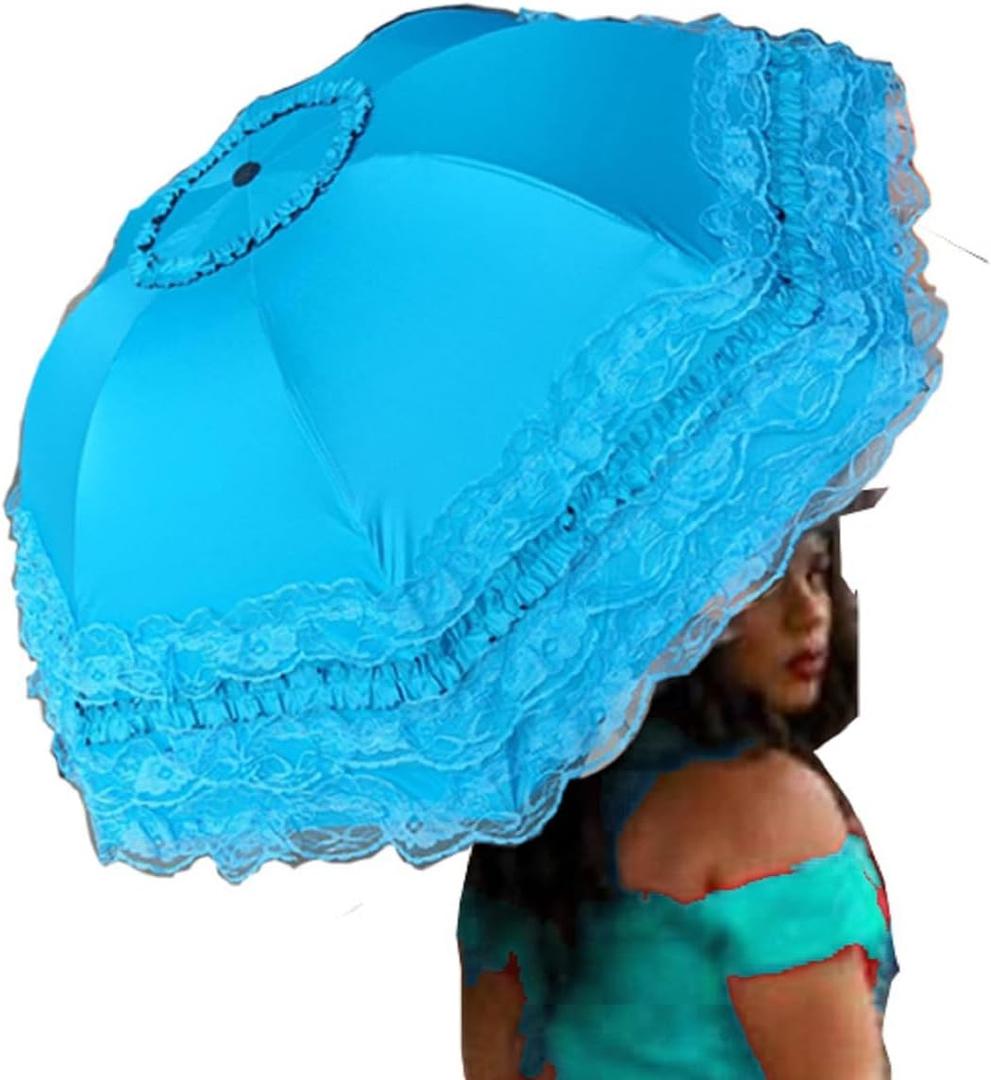 WENDIN Vintage Foldable Lace Parasol Gothic Umbrella rain Anti-uv Protection parasol sunblock umbrella dome Photo Props girls women lace umbrellas (Manual Blue)