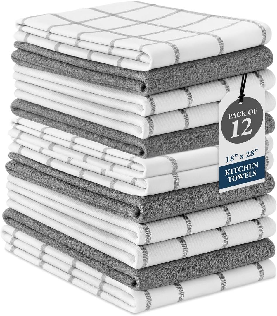 LANE LINEN Kitchen Towels & Dishcloths Set of 12-100% Cotton, Quick-Drying 18 x 28 Absorbent Dish & Tea Towels, Soft Hand Towels for Kitchen - Grey