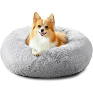 JOLLYVOGUE Calming Dog Bed for Small Dogs - 23 inches Donut Washable Small Dog Bed for Kittens & Puppies, Anti-Slip Round Fluffy Plush Faux Fur Cat Beds (Fits up to 25 lbs Pets, Grey) (01 - Smoke Grey)