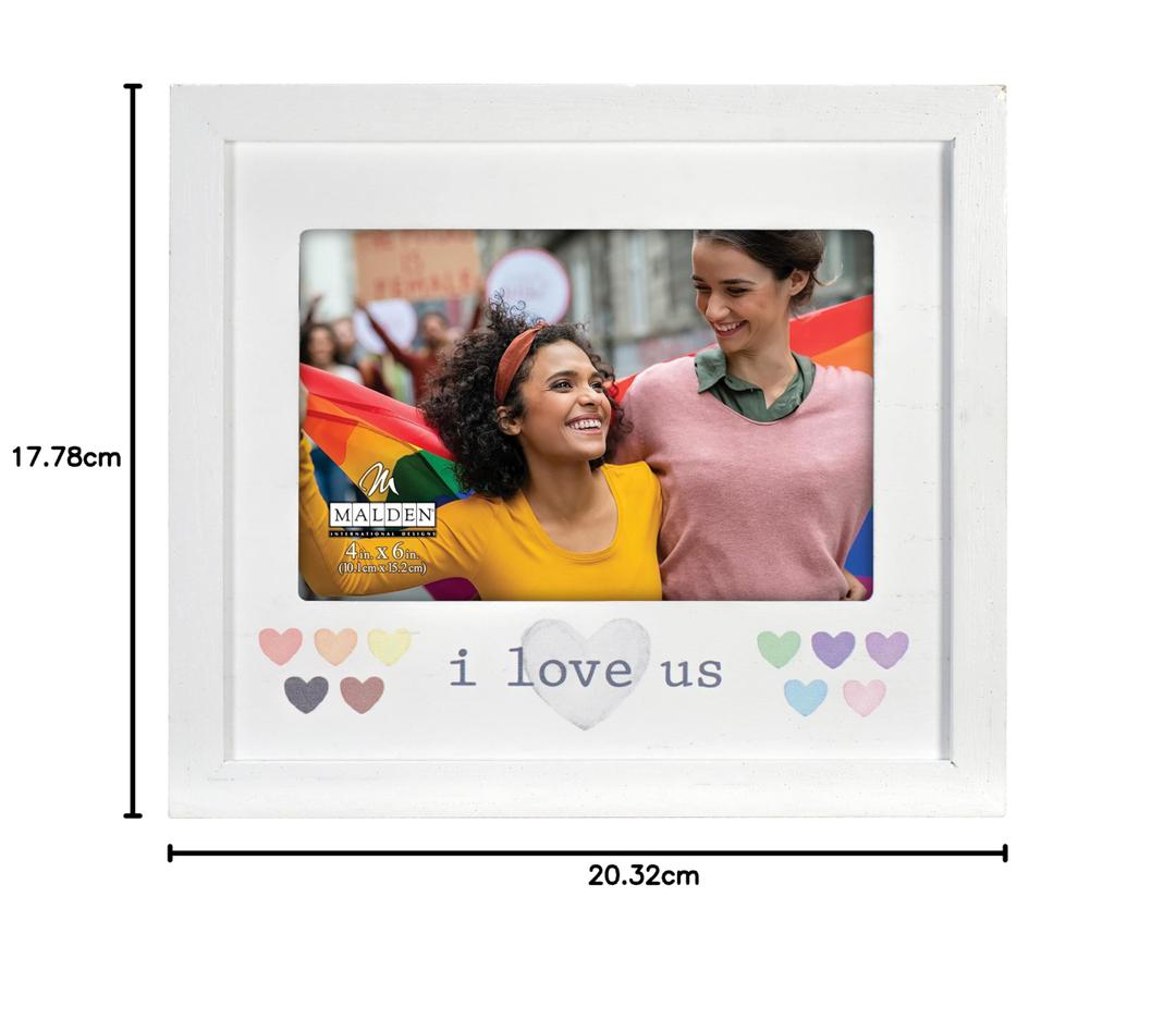 8×7 I Love Us Picture Frame Raised White Outer MDF Wood Moulding White Wood Grain Finish Mat With Gray Screenprinted Text Silver Finish Metal Heart Attachment