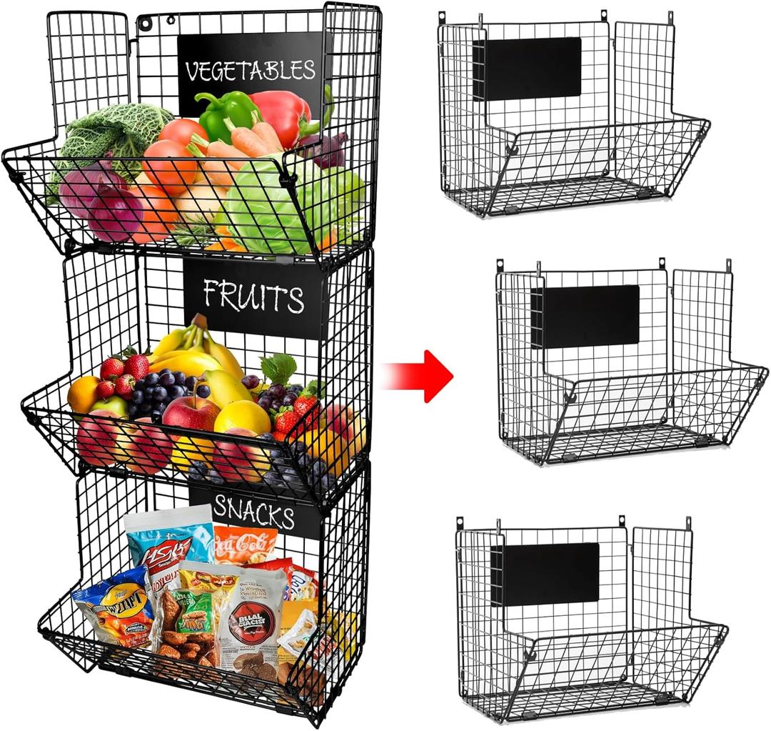 3-Tier XL Wall Hanging Fruit Baskets for Kitchen Organizing Fruits and Vegetables, Heavy-Duty Wall Basket for Storage with Chalkboards & S-Hooks, Wire Hanging Fruit Basket for Kitchen & Pantry (Rectangular, Black)