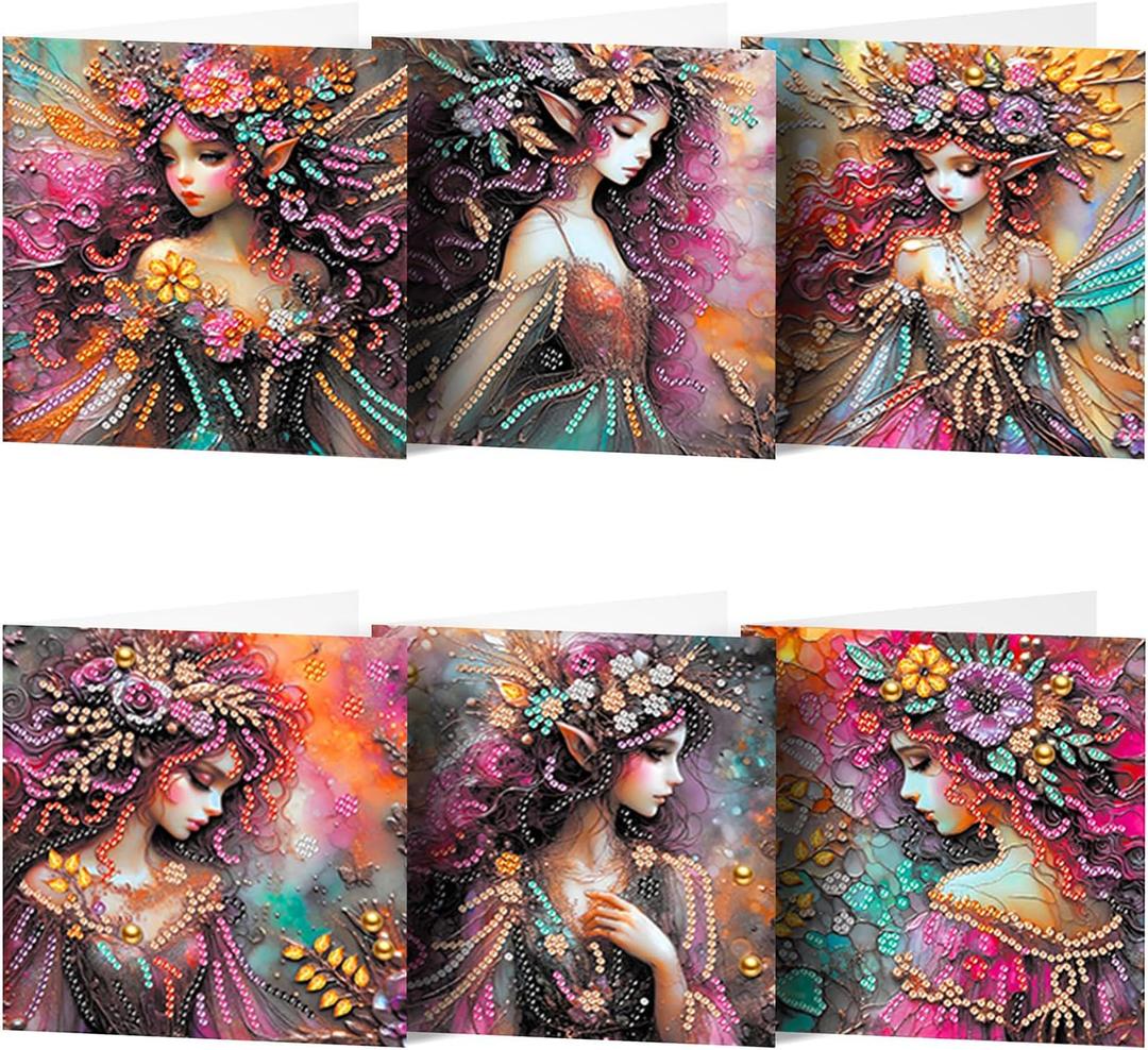 pigpigboss 6 Packs Angel Diamond Painting Greeting Cards | With Envelope, Fairy Diamond Art, Special Shaped Flower Wings, Birthday Blessing Arts Crafts for Adult
