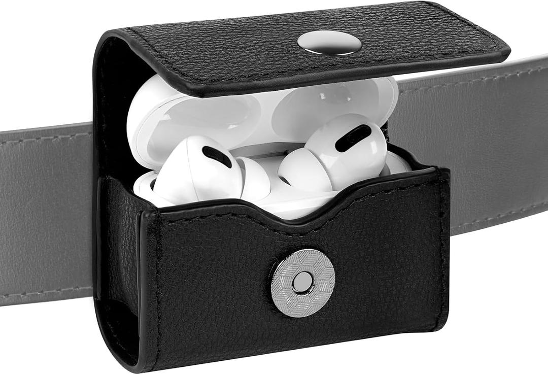 Geekria Belt Clip Earbuds Case Compatible with Apple AirPods Pro 3/2, AirPods 4, Leather Protective Pouch with Belt Loop, Holster Holder for Bag Strap and Travel (Black)