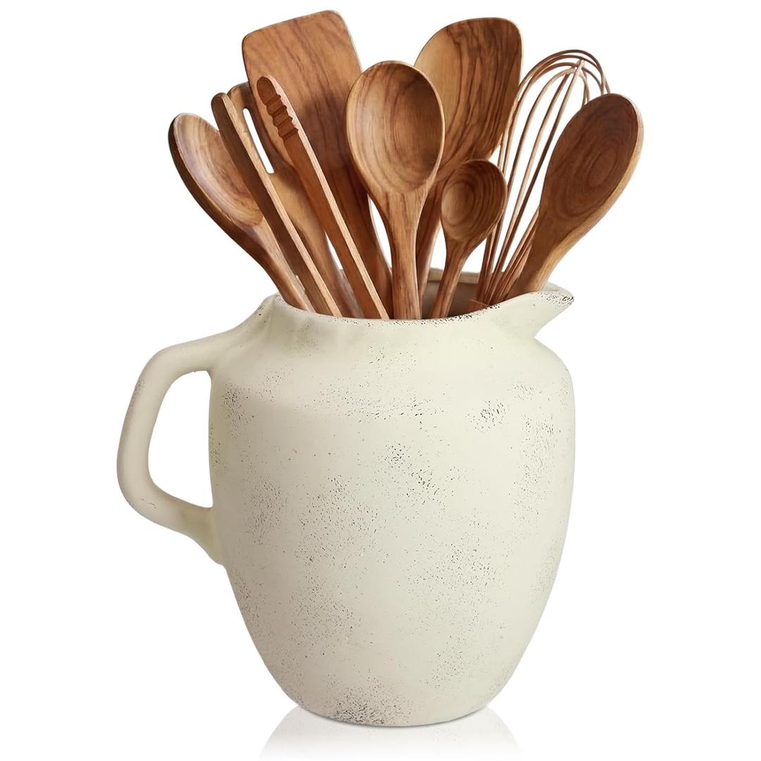 Potchen Rustic Kitchen Utensil Holder with Handle,7.48" H Ceramic Vintage Utensil Crock for Countertop, Farmhouse Kitchen Decoration Ceramic Pot for Spatulas Spoons Tongs(Novelty,Antique Cream)