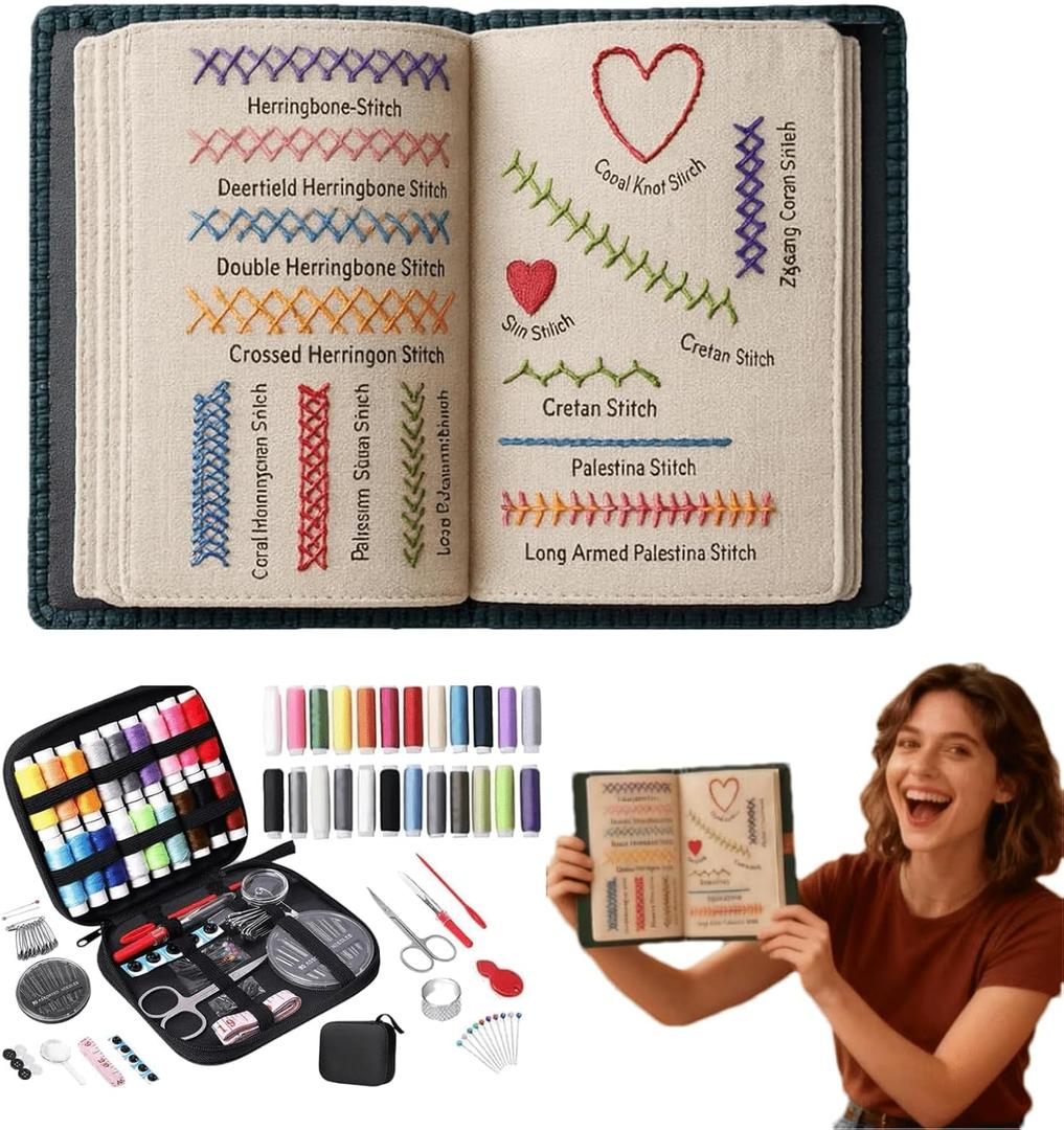 Buodiut DIY Embroidery Stitch Book Kit, Gift for Craft Lovers, Includes Illustrated Guide to 106 Universal Embroidery Stitches with Free Tutorials and 86-Piece Sewing Tool Kit (1 Set)