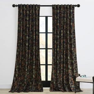 StangH Black Velvet Curtains 96 inches Long, Luxury Back Tab Print Vintage Blooming Floral Pattern Drapes for Living Room Privacy Thick Panels for Patio Sliding Door, 52 x 96-inch, 2 Panels