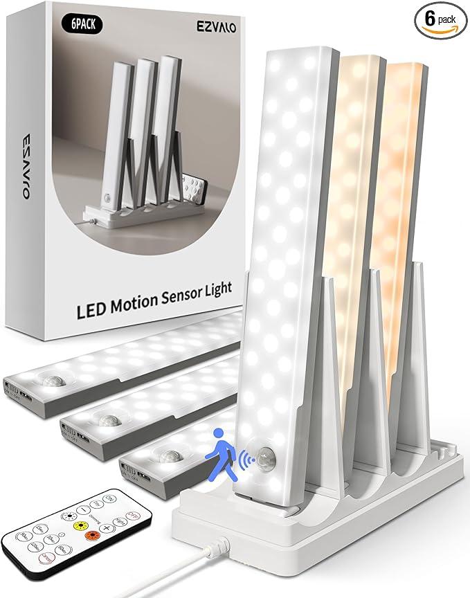 EZVALO 6 Pack Led Under Cabinet Lighting Wireless with Charging Station, 7’’Rechargeable Motion Sensor Light Indoor, 3 Color Dimmable Motion Activated Cabinet Lights for Kitchen Bookshelf, Stair