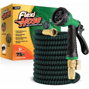 Flexi Hose with 8 Function Nozzle, 75FT - Lightweight Expandable Garden Hose, No-Kink Flexibility, 3/4 Inch Solid Brass Fittings and Double Latex Core - Black and Green