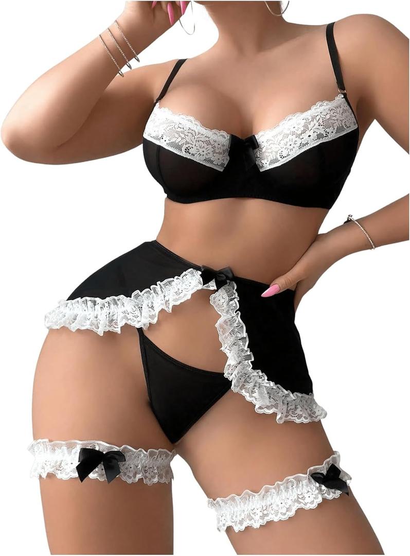 WDIRARA Women's 5 Piece Color Block Lace Trim High Cut Lingerie Set with Skirts and Leg Rings Black and White X-Large