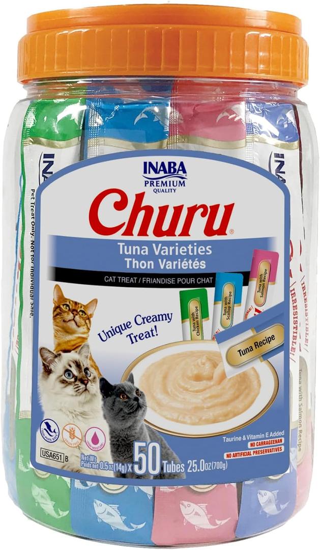 INABA Churu Cat Treats, Grain-Free, Lickable, Squeezable Creamy Pure Cat Treat/Topper with Vitamin E & Taurine, 0.5 Ounces Each Tube, 50 Tubes, Tuna Variety