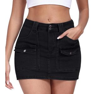 2025 Women's Stretchy Denim Skirt High Waisted Cargo Skirt Y2k Casual Mini Skirt Cute Jean Skirt with Pockets (Black, XS)