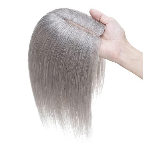 MY-LADY Human Hair Toppers for Women Real Human Hair Thin 7 * 13CM Silk Base with Lace Clip in Remy Hairpieces 150% Density 8 Inch Grey