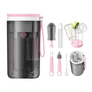YOTIME Juego de cepillos de viaje para biberones con cepillo porttil de silicona para botellas, cepillo limpiador de pezones, cepillo para pajilla, dispensador de jabn y estante de secado de (Rosado)