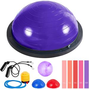 Honoson Half Ball Trainer Yoga Ball with Resistant Band Foot Pump Set, Half Exercise with Fitness Elastic Belt Hedgehog Balance Pods for Core Stability Full Body Workout Gym (23.2 Inch, Purple)