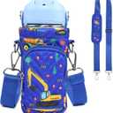 Water Bottle Carrier Bag for Kids, Insulated Holder With Adjustable Strap for 10/12/14/16/18oz Bottles, Sleeve for Boys Girls School Travel Sports (Blue Motorcycle)