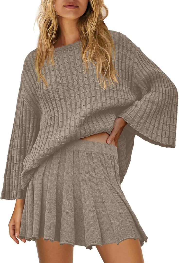 SENSERISE Fall Sweater Sets Skirt Sets Women 2 Piece Outfits Long Sleeve Top and Skirts Set Loungewear (Small, Grey Khaki)