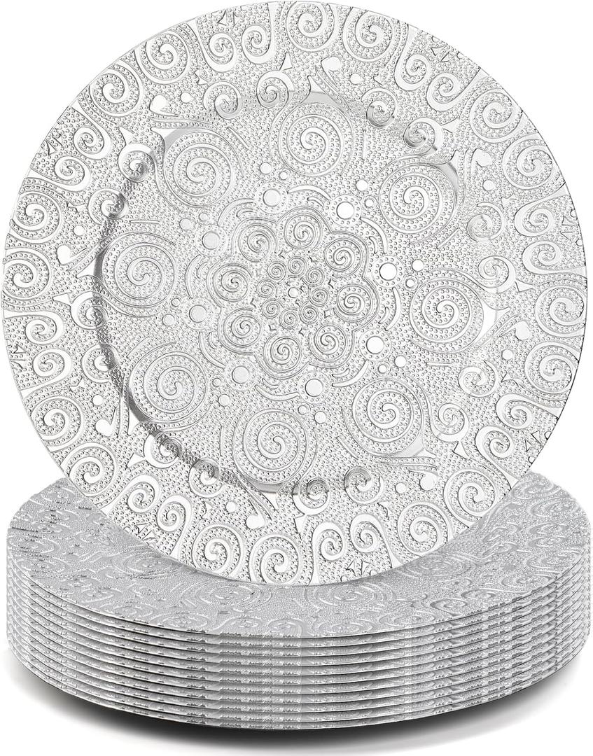 SOUJOY 12 Pack Charger Plates, 13 Inch Silver Plastic Charger Plate, Round Phoenix Pattern Elegant Serve Ware Plates for Weddings, Parties, Anniversary, Thanksgiving