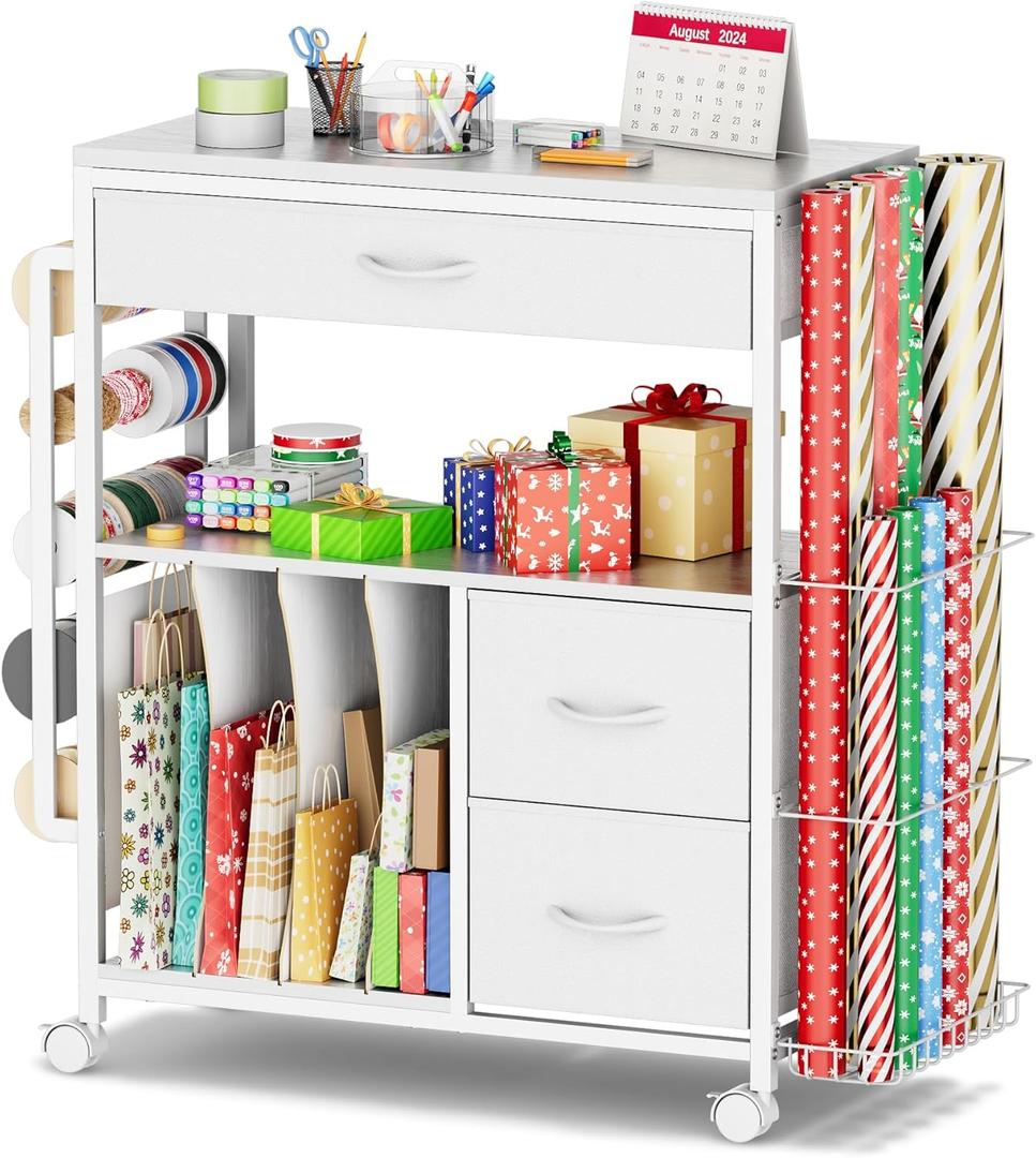 PUNLUXU Wrapping Paper Storage Cart, Rolling Gift Wrap Station with Ribbon and Gift Bag Storage, Wrapping Paper Organizer Holder, Craft Organizers and Storage, Craft Storage Cart 03 Patent Protected