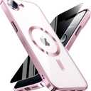 Magnetic for iPhone 17e/16e Case with Privacy Screen Protector & Full Camera Cover,[Non-Yellowing] Plating Glossy Soft Shockproof Clear Phone Case with MagSafe Women Girls for iphone 16 e/ 17 e,Pink