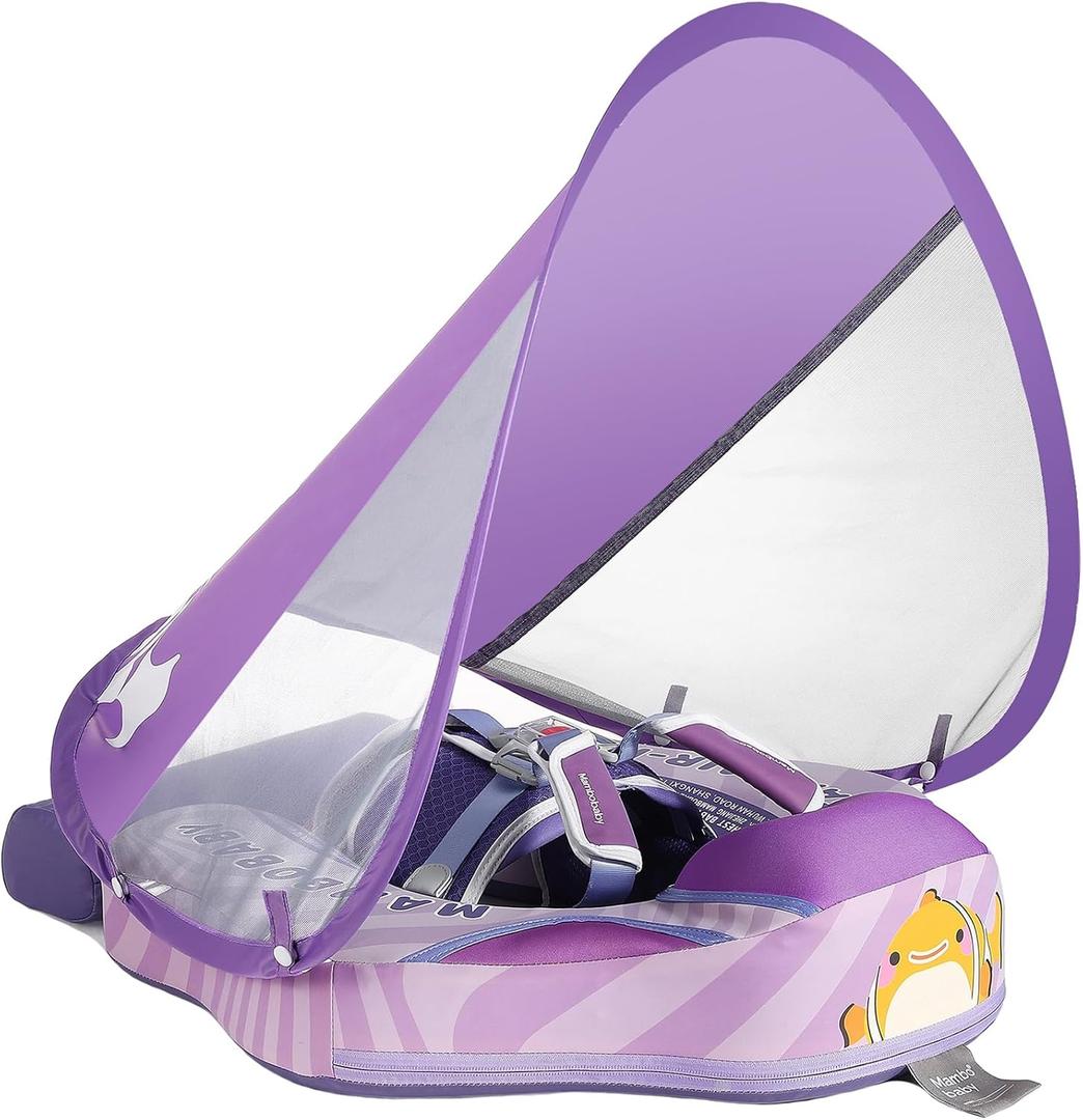 Mambobaby Float Add Tail No Flip Over Non-Inflatable Baby Swim Float Pearl Foam Solid Water Floats Smart Swim Trainer Infant Pool Float Swim Ring with Sun Canopy, Adjustable
