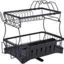 Dish Drying Rack - Kitchen Countertop Double Dish Drainer, Large Dish Drying Rack with Drain Board and Cutlery Rack for Easy Organizing and Storage, Black