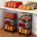 Maxdot 2 Pack 3 Tier Rolling Pantry Floor Organizer and Storage Cart with Wheels Stackable Pantry Metal Wire Baskets Kitchen Fruit Snacks Basket Stand for Kitchen Office Living Room(Black)