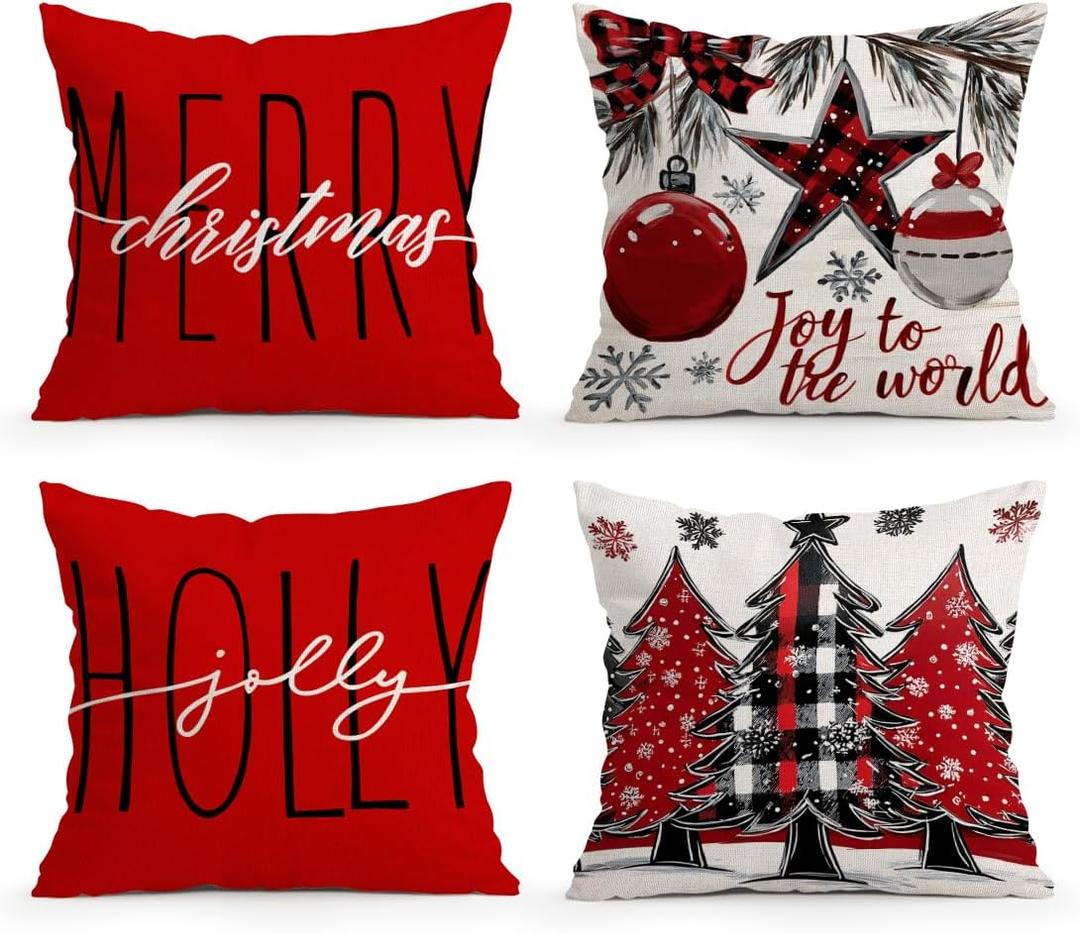 ORMAN Merry Christmas Xmas Trees Red Throw Pillow Covers, 18 x 18 Inch Christmas Winter Holiday Cushion Case Decoration for Home Sofa Couch Set of 4