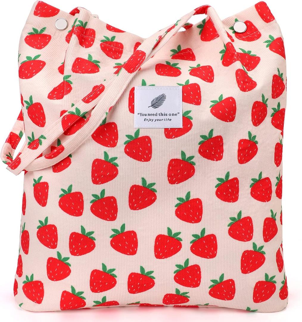 Tote Women Girls, Large Capacity Corduroy Reusable Grocery Shoulder Bag with Inner Pockets (Strawberry)