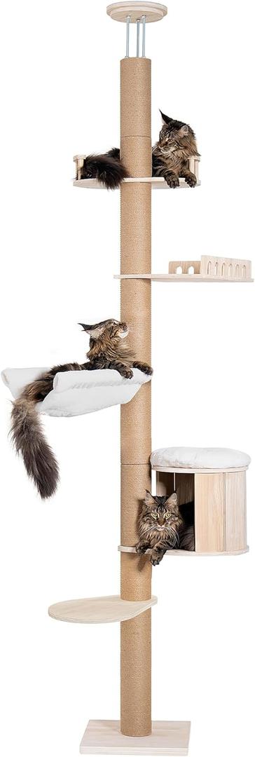 Tall Floor to Ceiling Cat Tree for Large Cats, Cat Tower with Scratching Post, Adjustable Height(82-122 in), Large Condo Cave Bed and Hammock for Indoor Cats, Cat Climbing Pole, Wood 