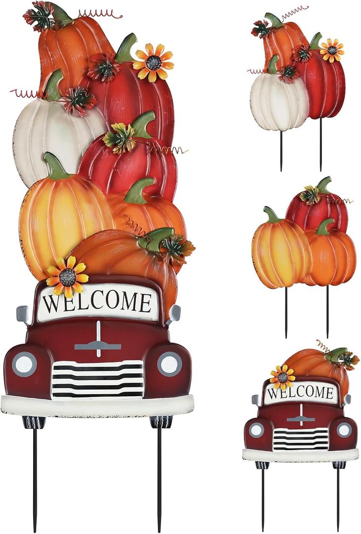 YEAHOME Fall Decorations Outdoor,Multiple Stacked Pumpkin Truck Decorative Garden Stakes for Fall Decor, Autumn Metal Yard Signs for Home Outside Garden Lawn Porch, Thanksgiving Decorations Outdoor