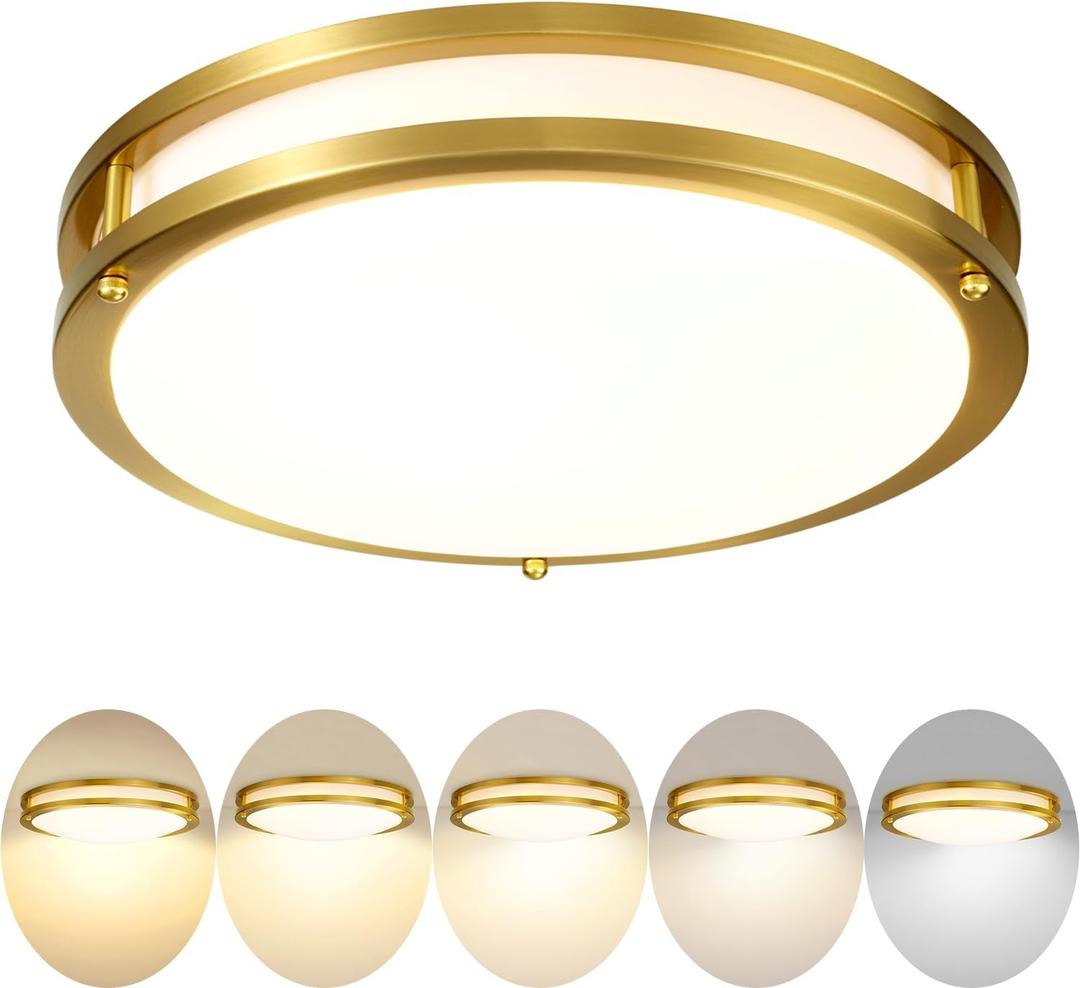 Gold Ceiling Light Fixture 24W, 12 inch LED Flush Mount Ceiling Light for Bedroom, Kitchen, Bathroom, Dimmable Close to Ceiling Light Fixture for Hallway 5CCT