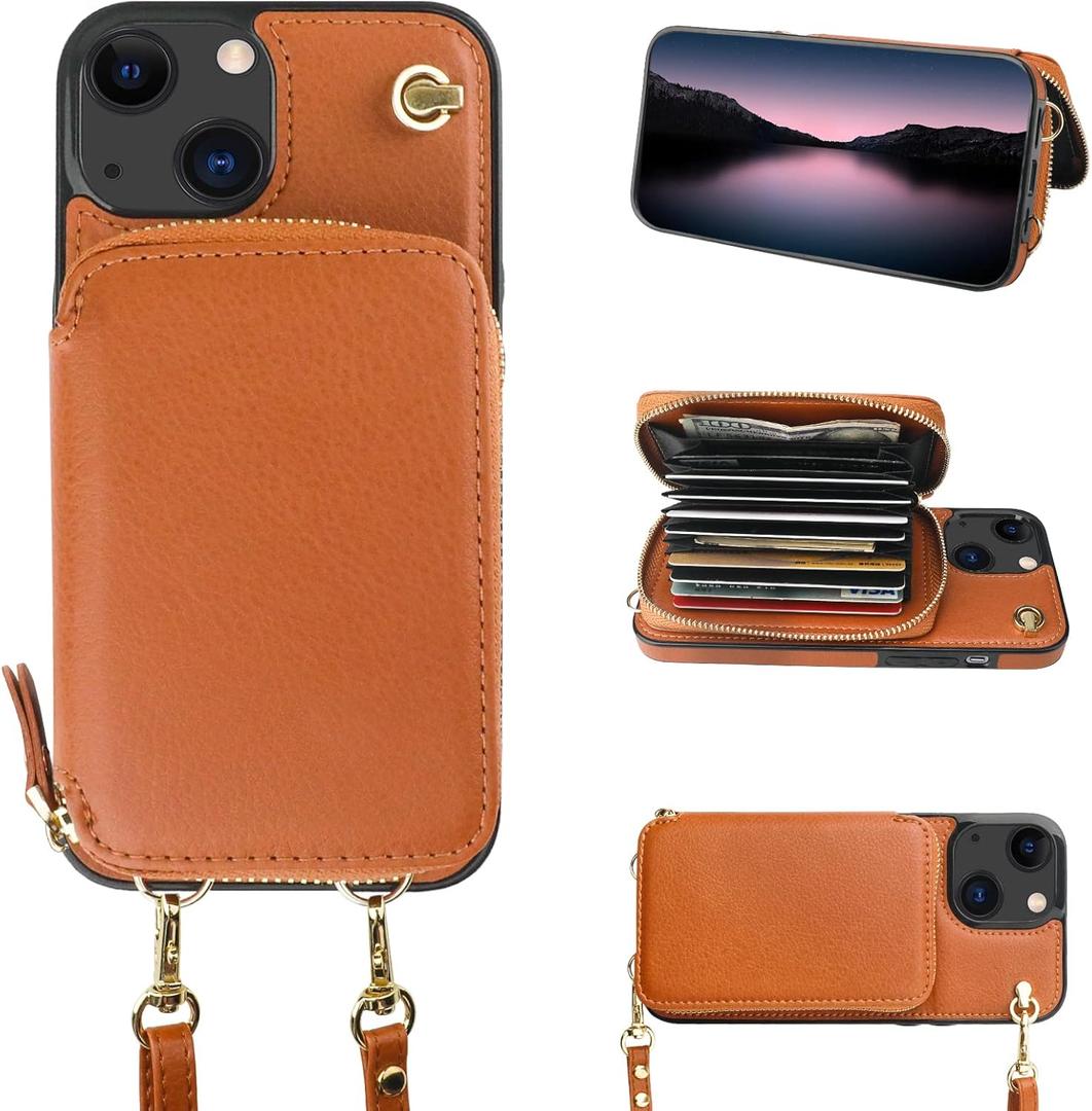 Bocasal Crossbody Wallet Case for iPhone 14 iPhone 13, RFID Blocking Leather Purse Case with Card Holder, Protective Handbag Flip Cover with Zipper Wrist Strap Lanyard for Women 5G 6.1 Inch (Brown)