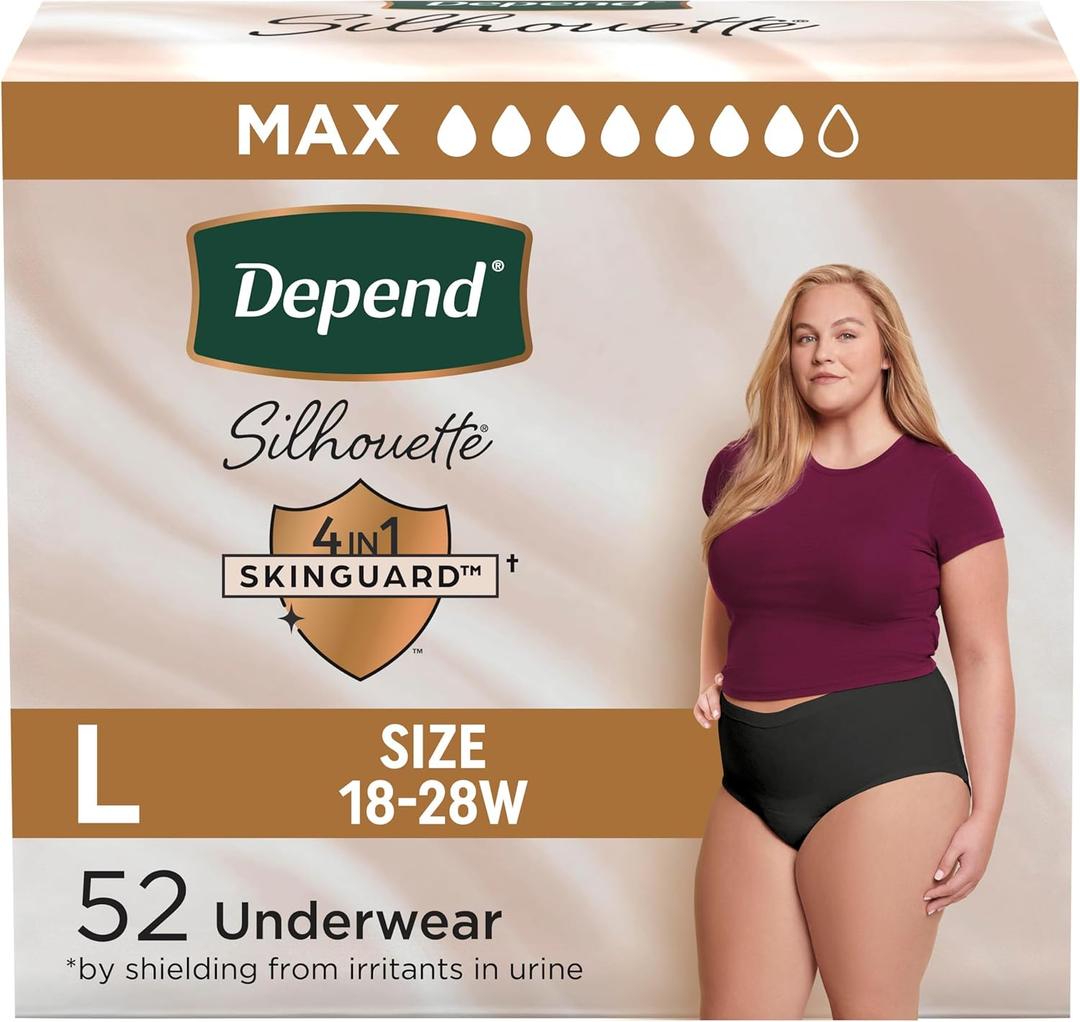 Depend Silhouette Adult Diapers, Incontinence & Postpartum Bladder Leak Underwear for Women, Maximum Absorbency, Large, Black, 52 Count (2 Packs of 26)