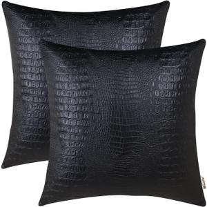 BRAWARM Faux Leather Pillow Covers 16 X 16 Inches, Black Leather Pillow Covers Pack of 2, Crocodile Leather Decorative Throw Pillows for Living Room Couch Bed Sofa Home