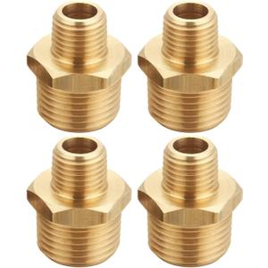 1/2 Inch Male to 3/8 Inch Male NPT Adapter, Brass Reducing Hex Nipple, Thread 0.75" OD to 0.625" OD, Pack of 4