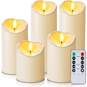Homemory Outdoor Waterproof Flameless Candles, LED Candles, Battery Operated Candles with Remote and Timers, Electric Fake Plastic Pillar Candles, Dark Ivory, D3 H4 5" 6" 8" 8", Set of 5